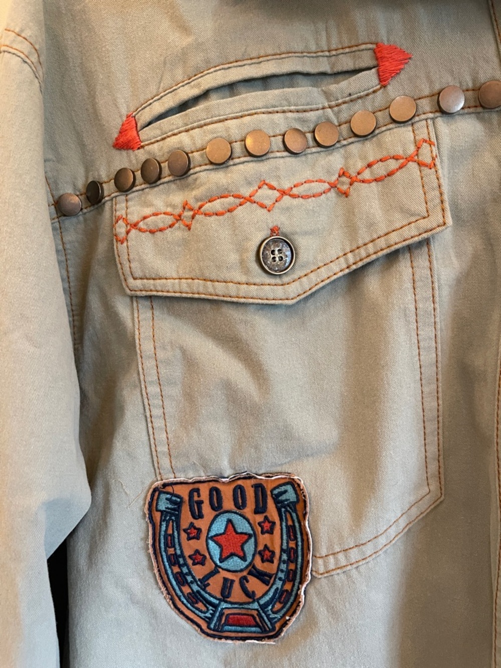 Double D Ranch Khaki Button-Down with Red & Blue Horse Panel - Picture 3 of 8